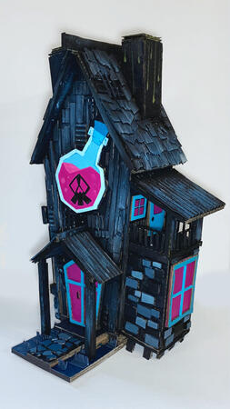 Potion Shop, 2022. Cardboard, wood, canvas, acrylic paint.